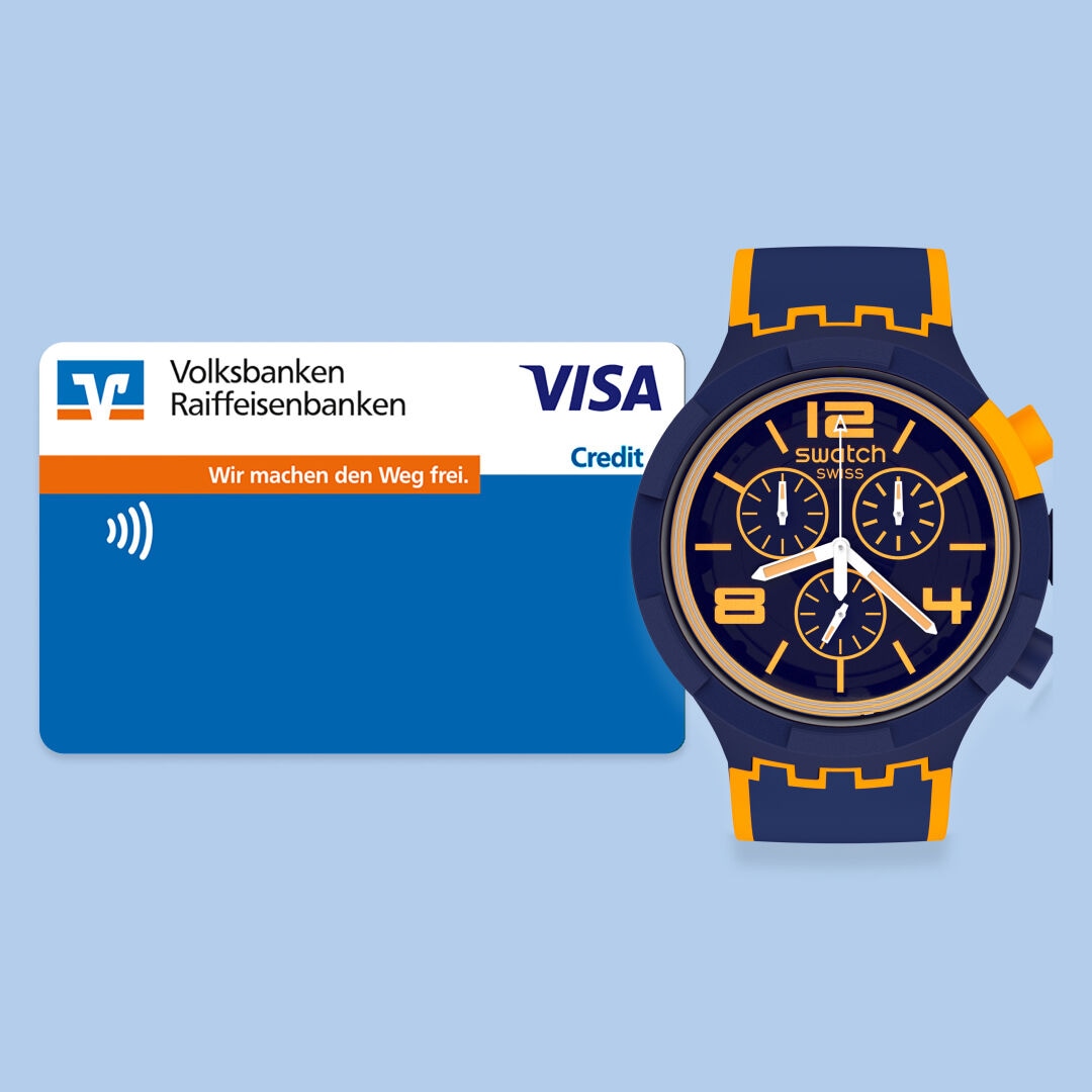 Benutze dein SwatchPAY! mit einer Kreditkarte der Volks- und Raiffeisenbanken