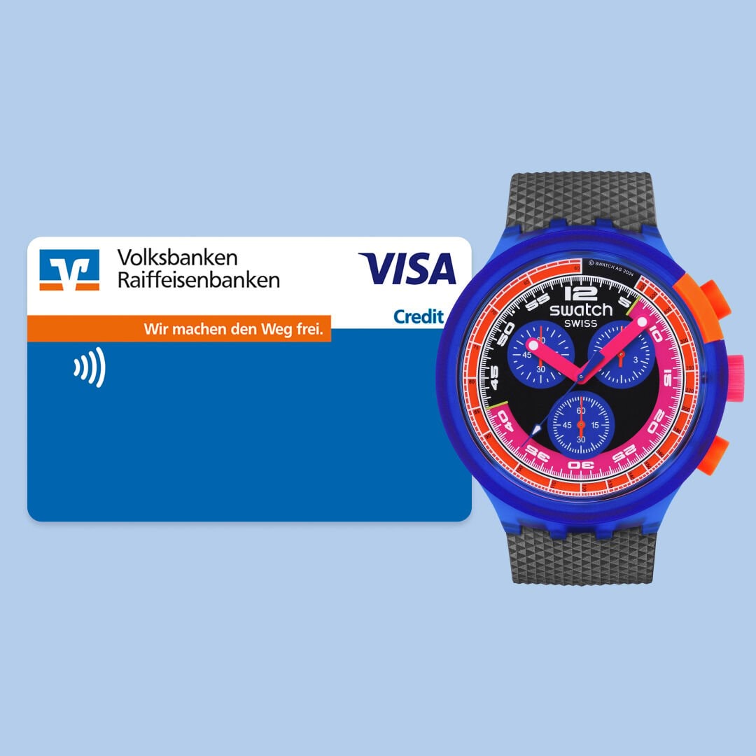 Benutze dein SwatchPAY! mit einer Kreditkarte der Volks- und Raiffeisenbanken