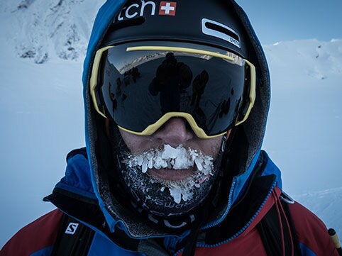 Cody Townsend posing with his iced beard in the mountain