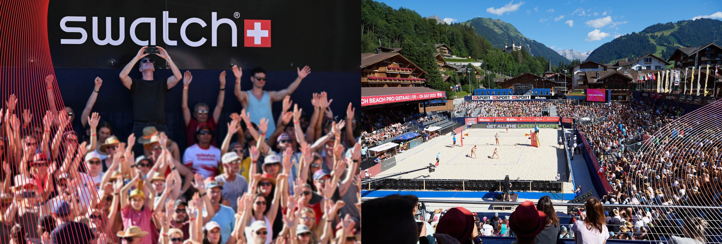 Crowd cheering the beach volley game at Swatch Beach Pro Gstaad