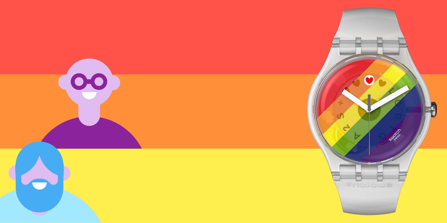 Picture in the colors of the LGBT flag with a focus on the ´Stripe Fierce' watch