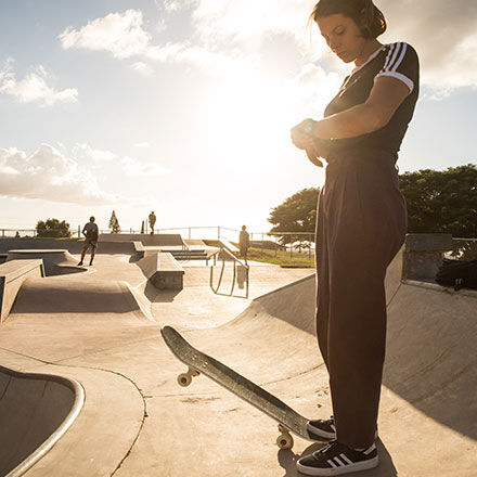 Nora Vasconcellos is standing next to the skate ramp