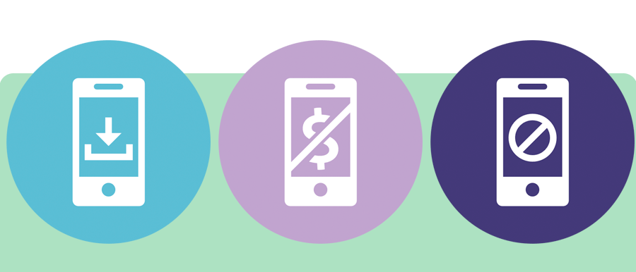 icons of the app benefits: Free download, No in-app purchase, Completely add free