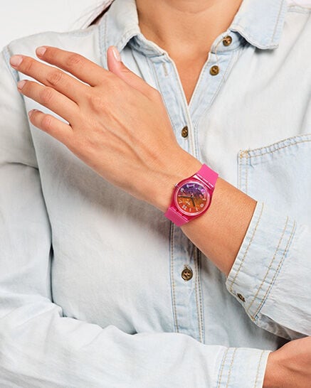 Wrist shot of the pink watch