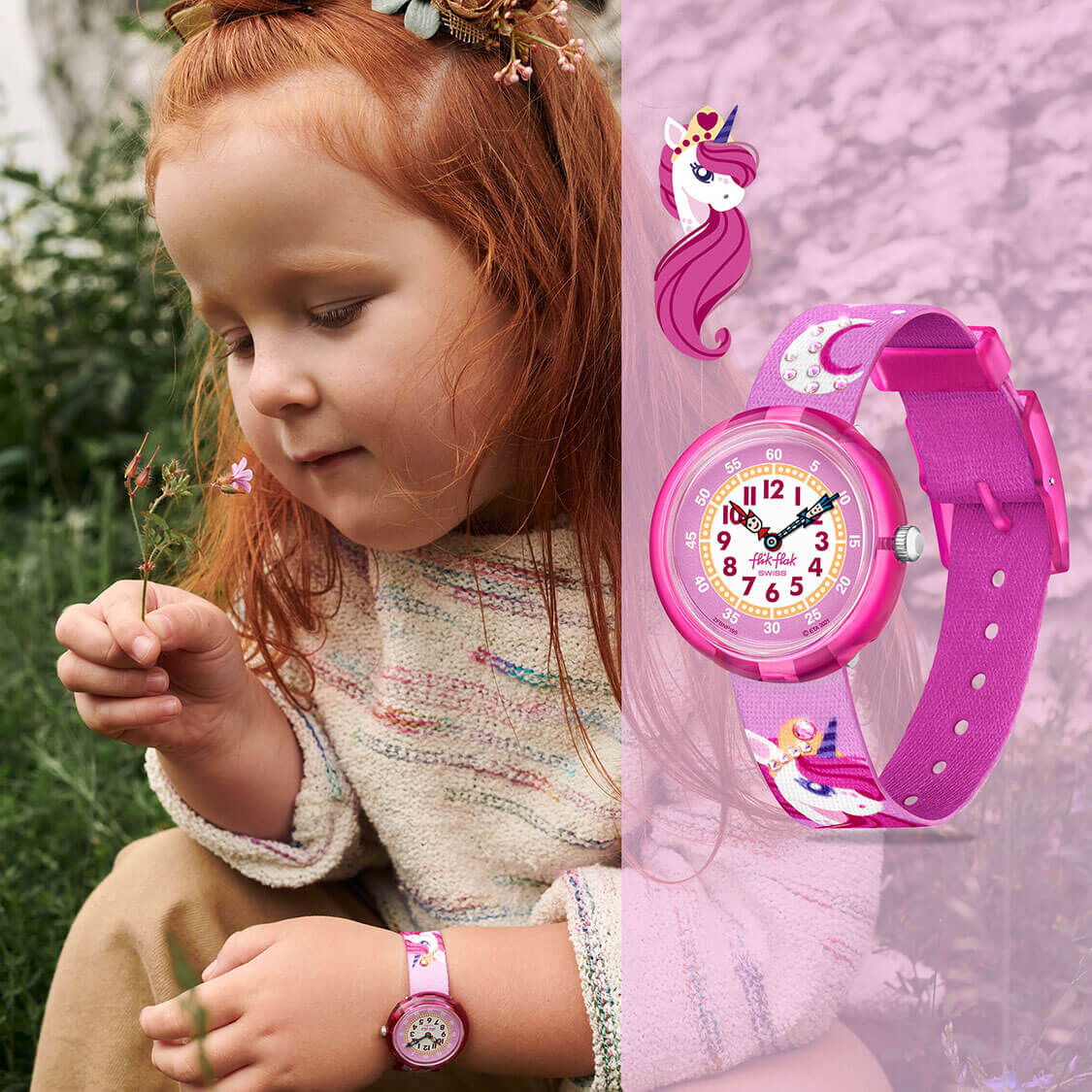 Girl wearing Flik Flak Dreaming Unicorn watch